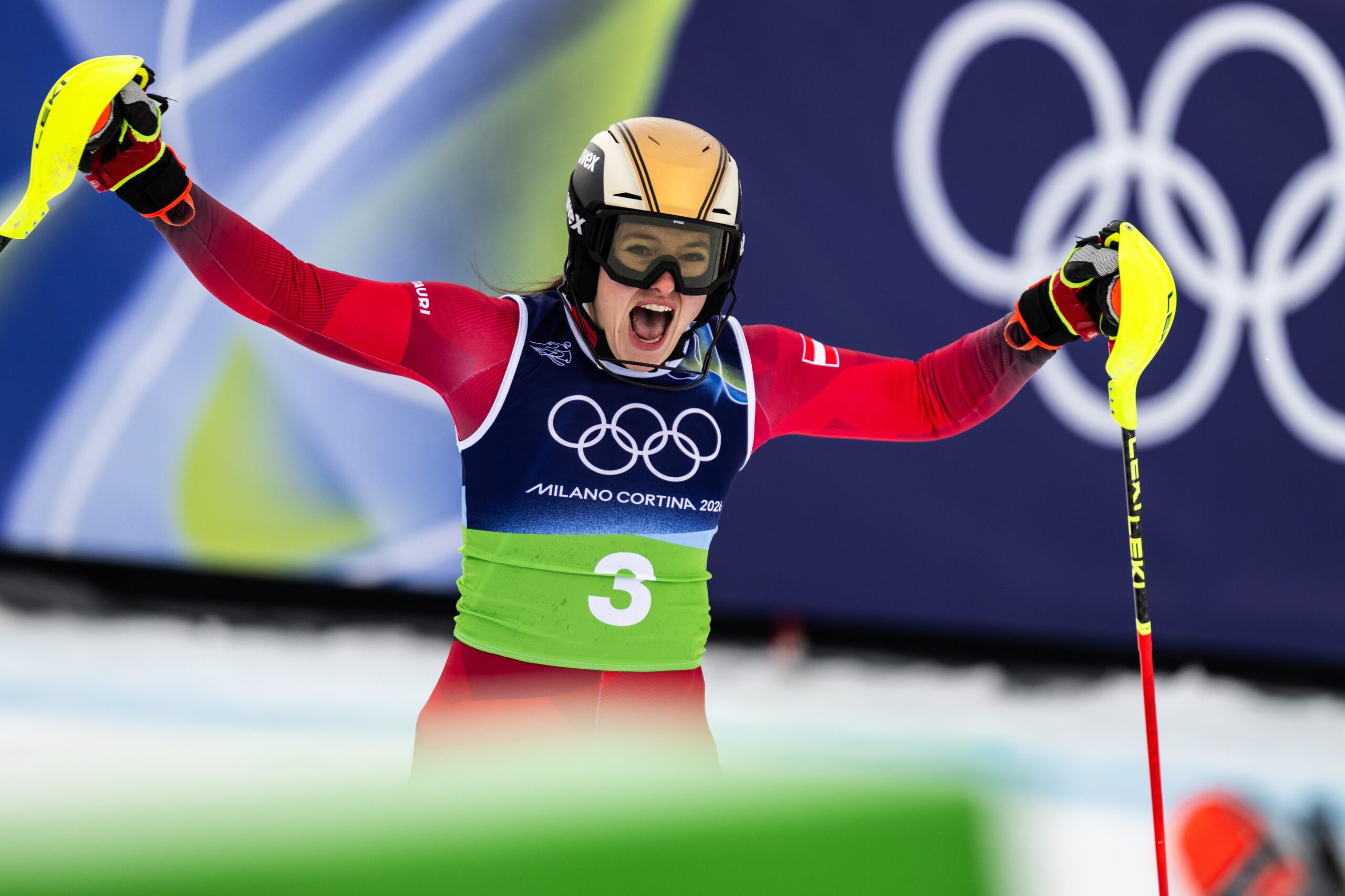 CORTINA D AMPEZZO,ITALY,10.FEB.26 - OLYMPICS, ALPINE SKIING - Winter Olympic Games Milano Cortina 2026, team combined, downhill, women. Image shows the rejoicing of Katharina Huber (AUT). Photo: GEPA pictures/ Jon Olav Nesvold